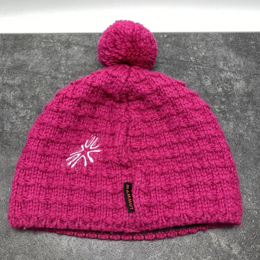 Mammut Pink‎ Knit Pommel Beanie Ski Hat Top Pom Fleece Lining One Size Germany